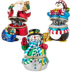 Mr. Christmas Animated Music Boxes 6 Piece Set: 1 Each Snowman, Penguin, Santa Claus + Gift Bags