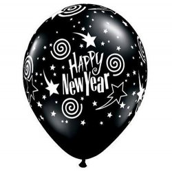 11" Black Round New Years Stars and Swirls Balloons 